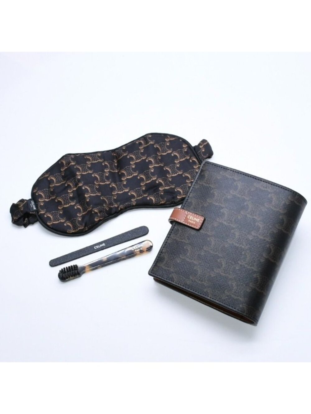 Celine Travel Kit Triomphe Canvas Amenity Calfskin Brown Gold Vanity Bag